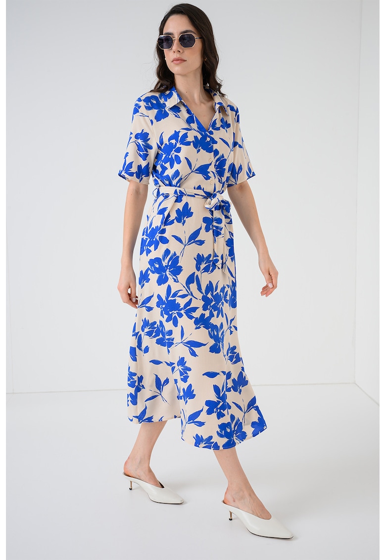 Rochie-camasa cu imprimeu si cordon in talie - Albastru royal/Alb optic