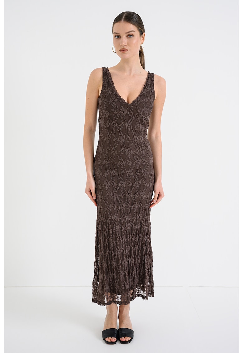 Rochie lunga cu croiala cambrata si broderie - Maro