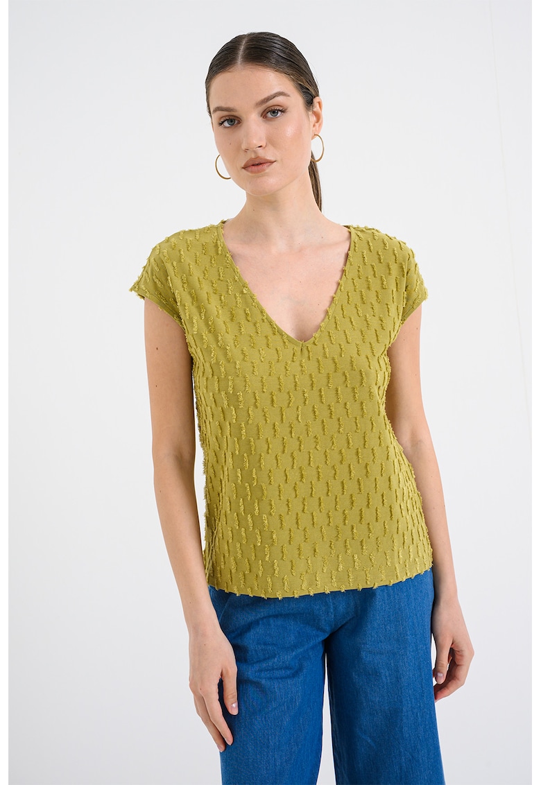 Tricou texturat cu decolteu in V - Verde masliniu