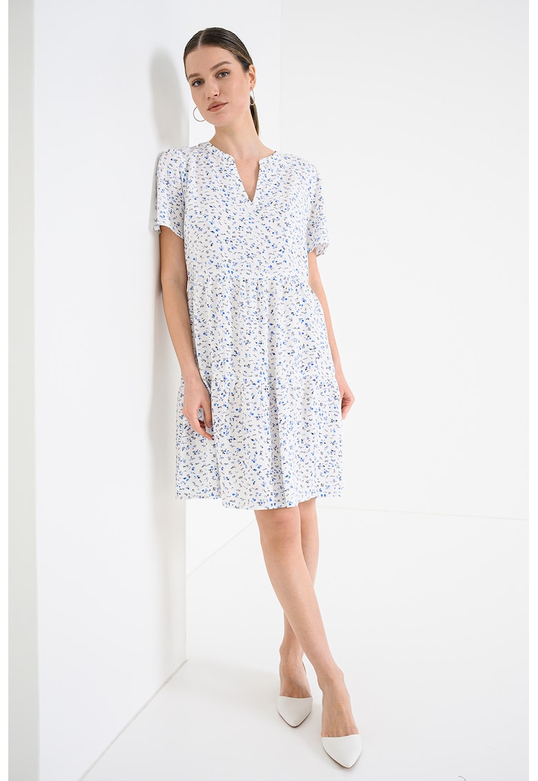 Rochie scurta cu model si decolteu in V - Alb/Albastru