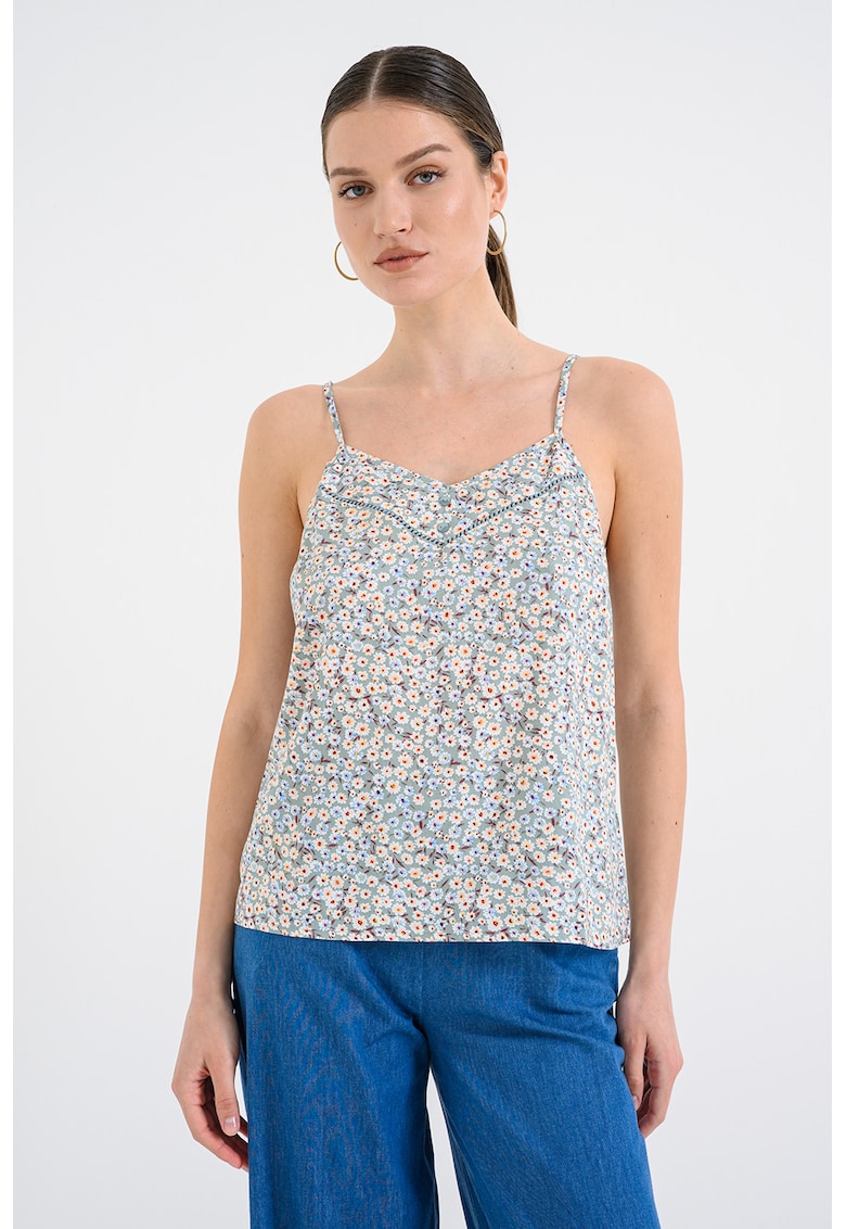 Top cu decolteu in V si model floral - Piersica/Verde deschis