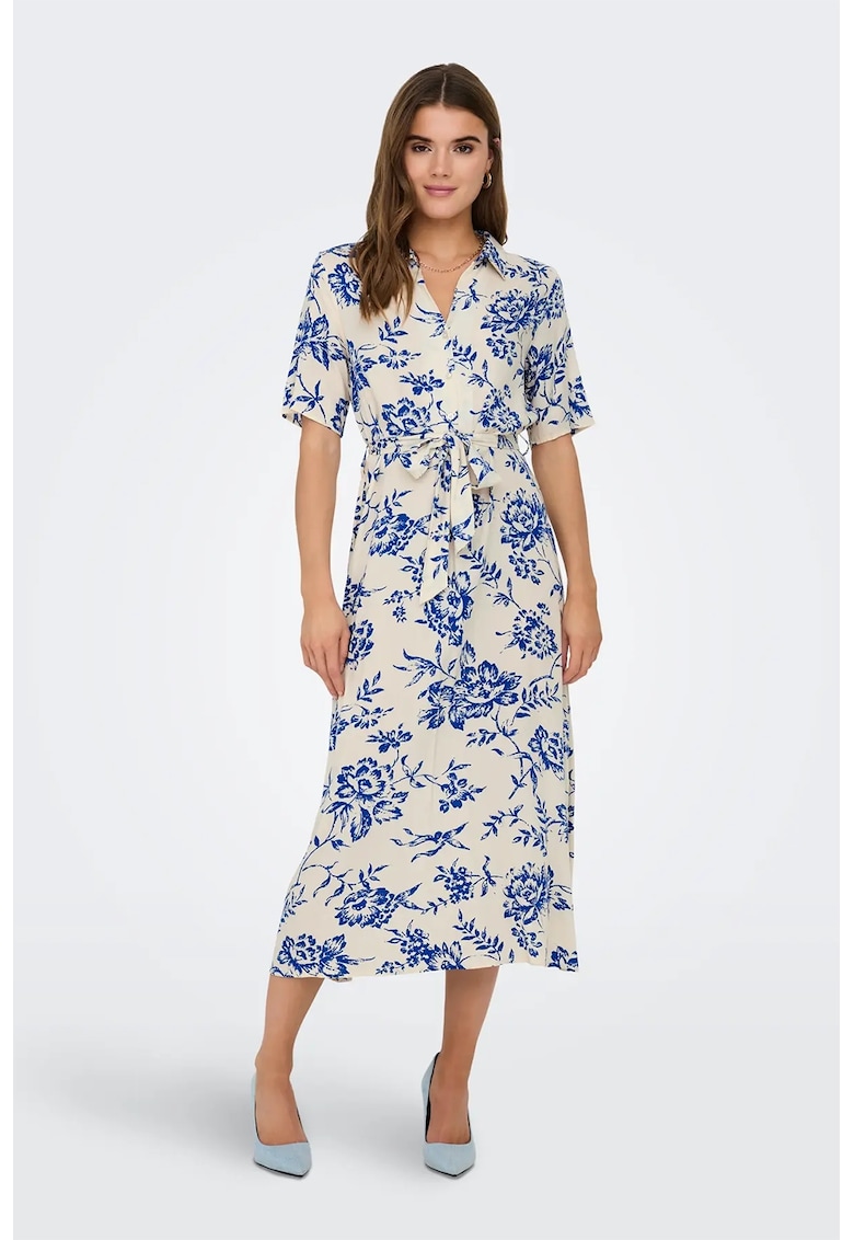 Rochie-camasa cu imprimeu si cordon in talie - Albastru royal/Alb optic