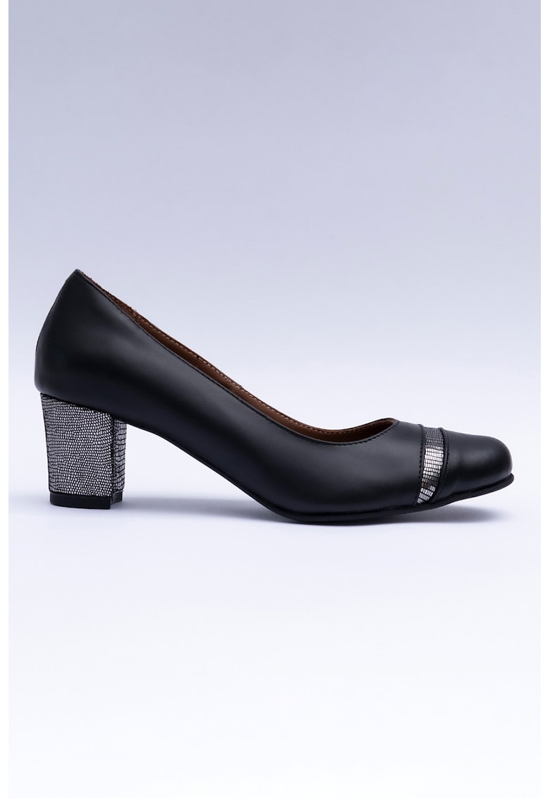 Pantofi de piele cu varf rotund si toc cu model - Negru