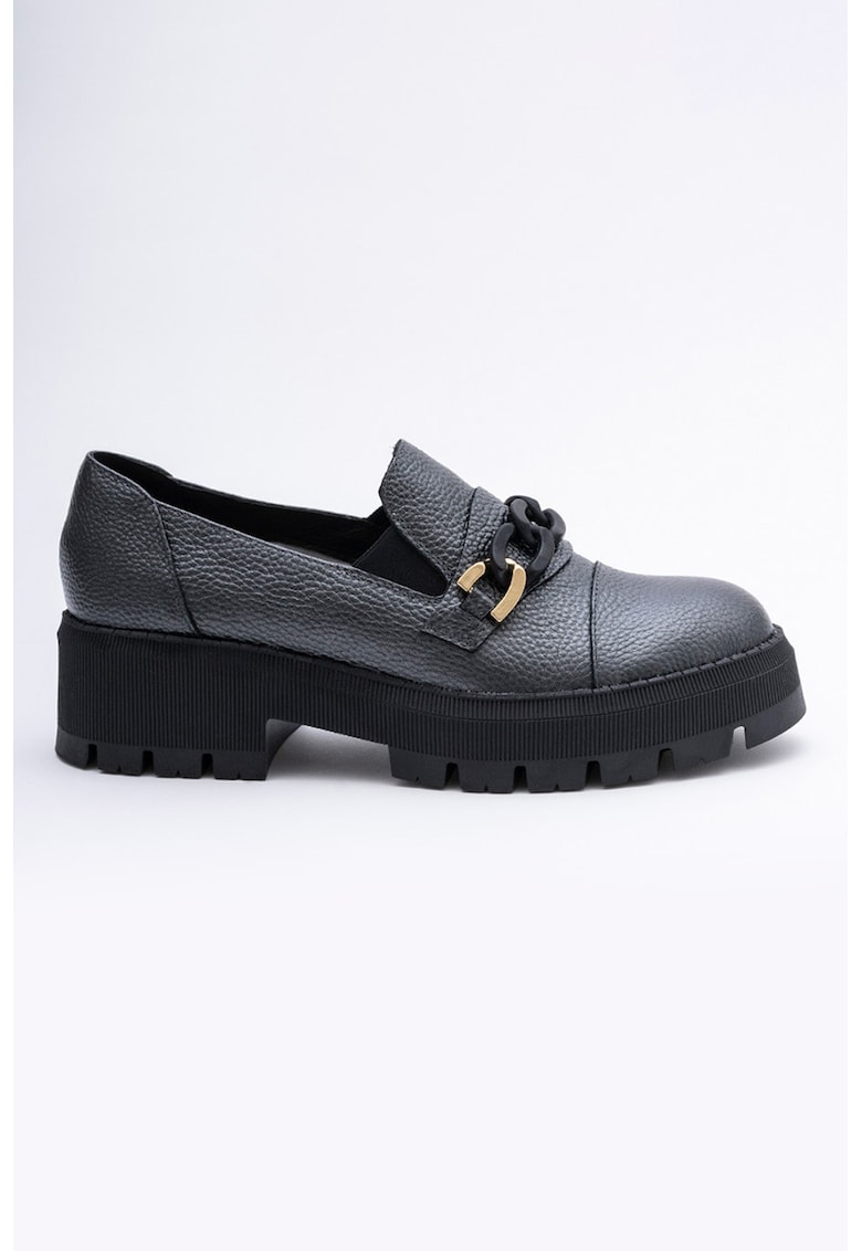 Pantofi loafer de piele cu lant decorativ - Negru/Gri