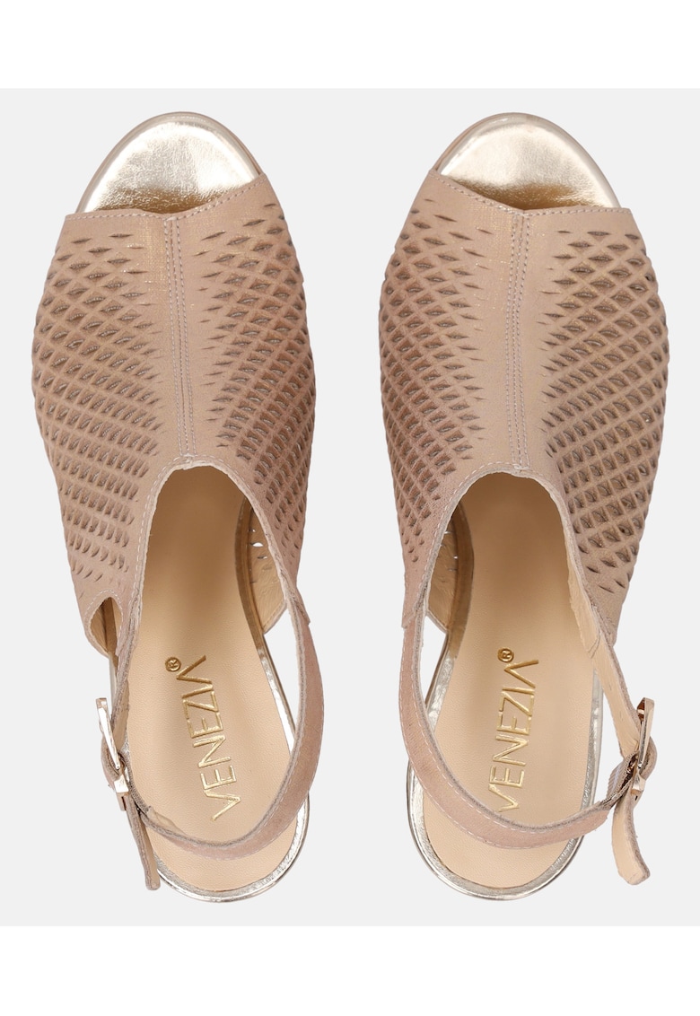 Sandale peep-toe din piele nabuc