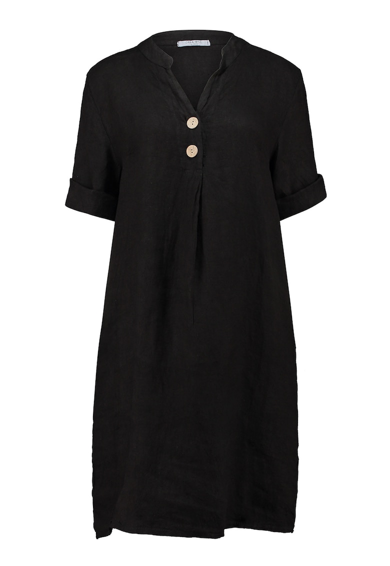Rochie-tunica din in cu fenta cu nasturi - Negru