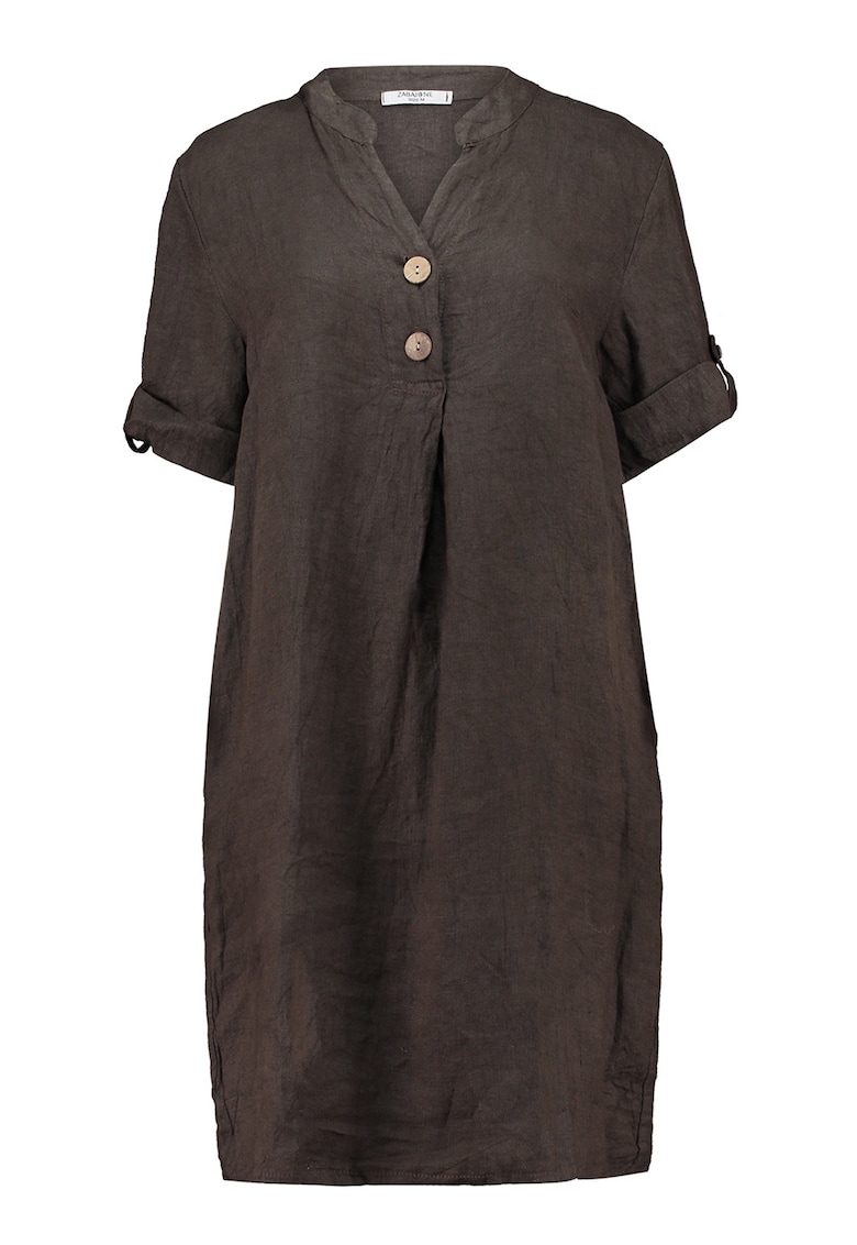 Rochie-tunica din in cu fenta cu nasturi - Maro