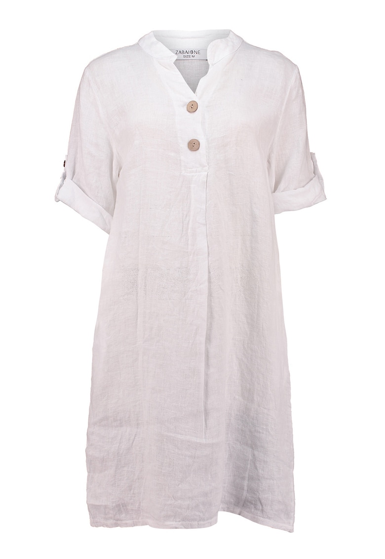 Rochie-tunica din in cu fenta cu nasturi - Alb