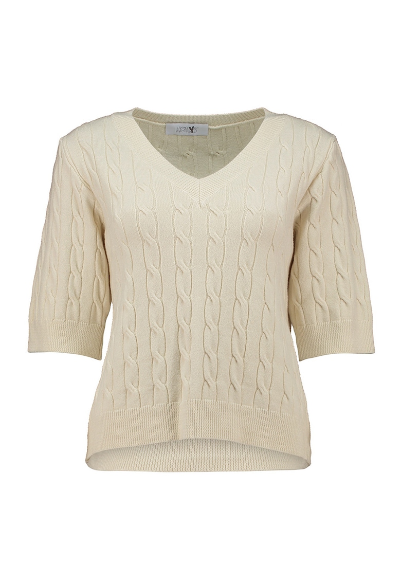Pulover din amestec de lana cu decolteu in V si model torsade - Crem