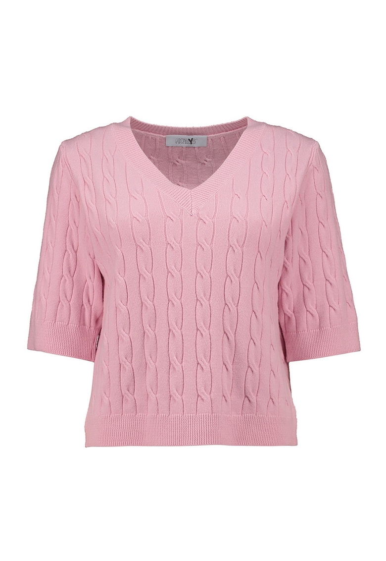 Pulover din amestec de lana cu decolteu in V si model torsade - Roz pastel