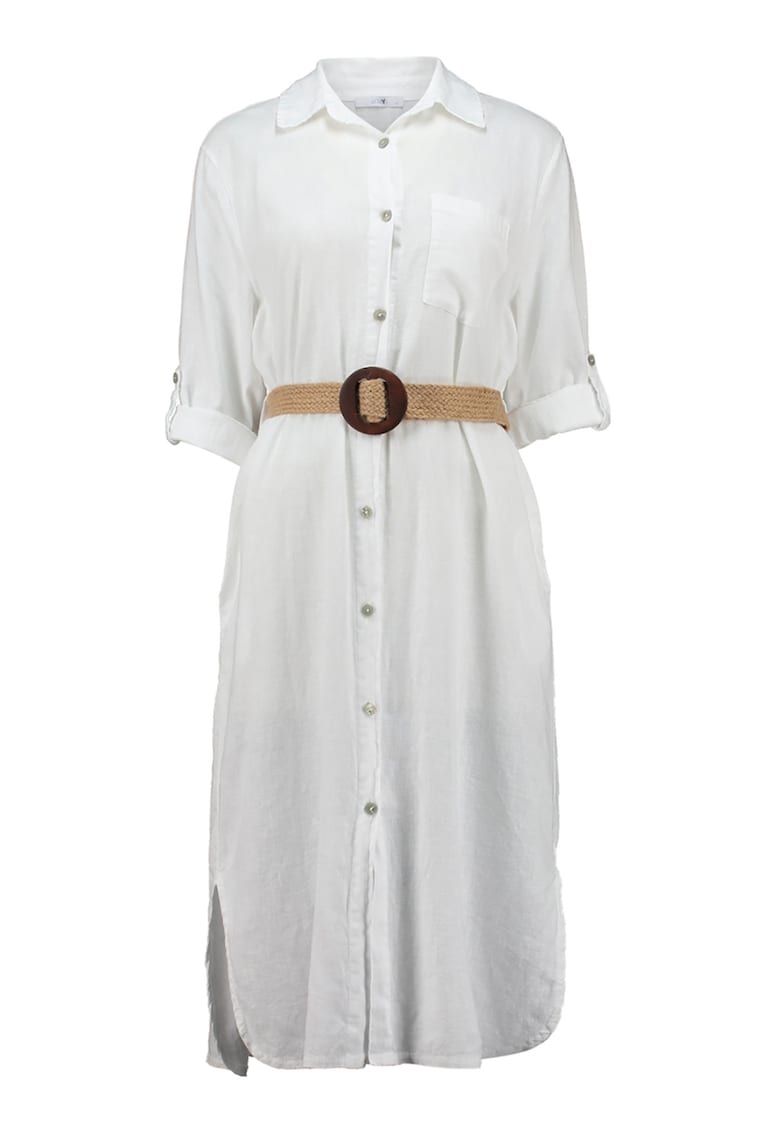 Rochie-camasa din amestec de in cu buzunar pe piept - Alb