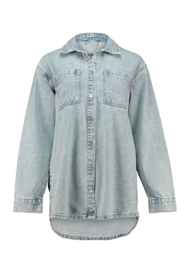 Jacheta din denim cu terminatie asimetrica si model - Albastru deschis