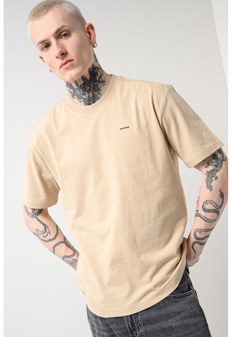 Tricou din amestec de bumbac organic cu decolteu la baza gatului - Bej