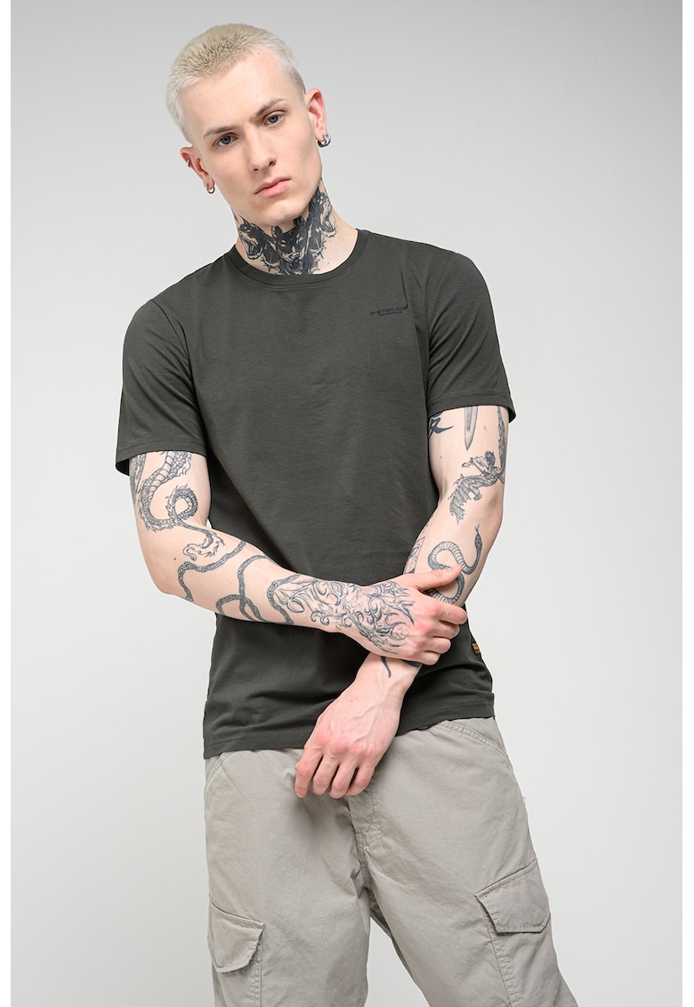 Tricou slim fit de bumbac organic cu decolteu la baza gatului Base - Alb/Verde masliniu