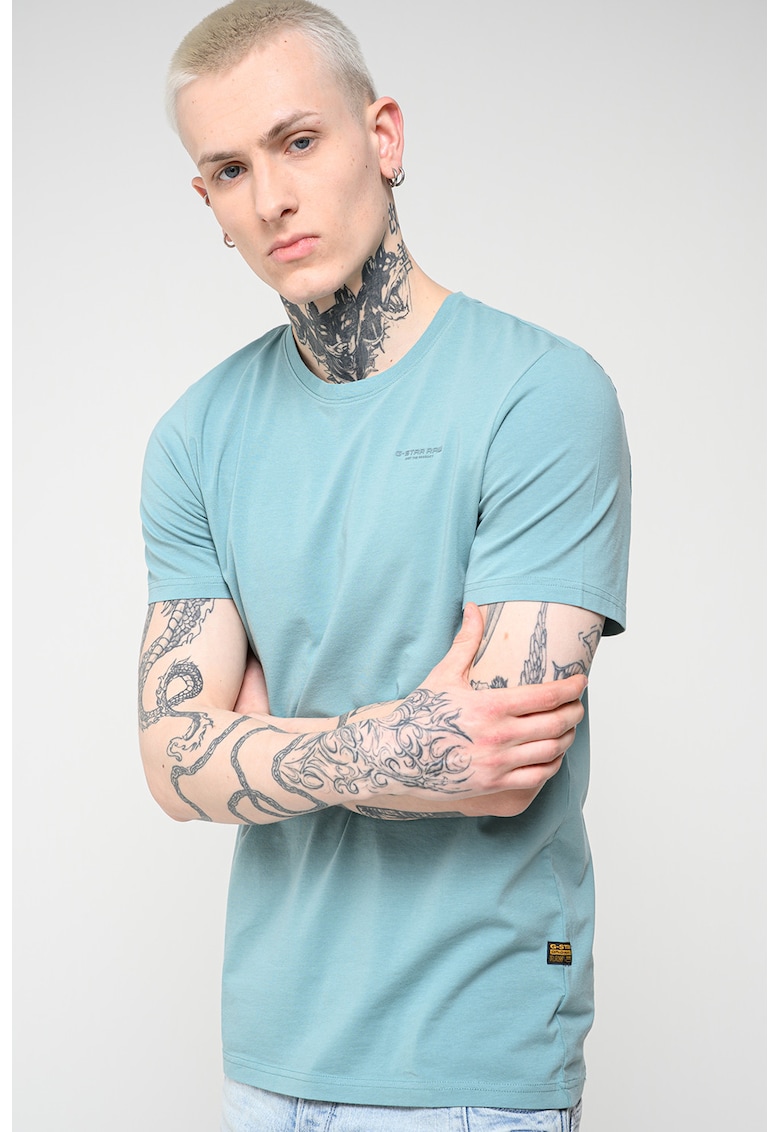 Tricou slim fit de bumbac organic cu decolteu la baza gatului Base - Albastru aquamarin