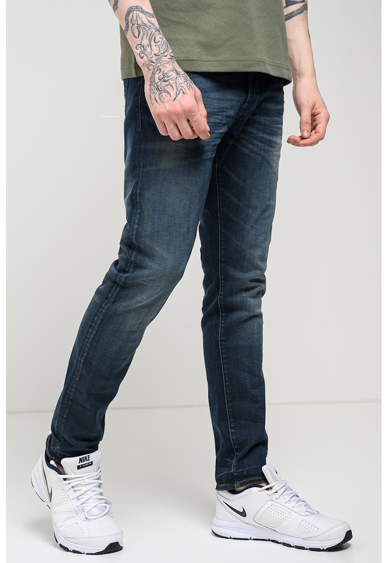 Blugi dlim fit elastici cu aspect decolorat 3301 - Albastru inchis