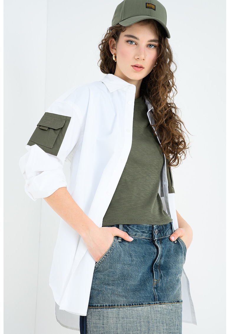 Camasa supradimensionata de bumbac organic cu buzunare contrastante cu clapa - Alb/Verde inchis