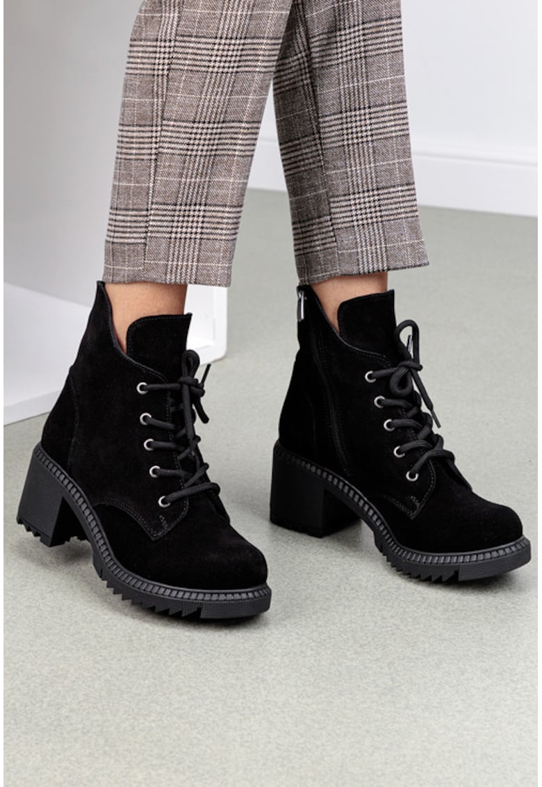 Botine dama negre din piele intoarsa cu toc gros - Negru