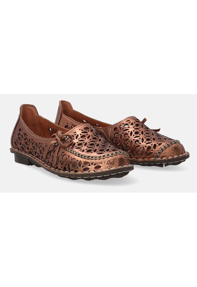 Mocasini din piele cu design perforat si funda aplicata