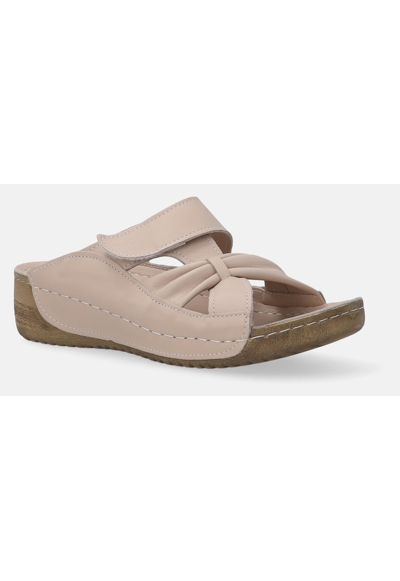 Papuci din piele cu talpa wedge si bareta cu velcro
