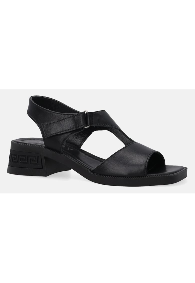 Sandale negre din piele cu toc si inchidere velcro -