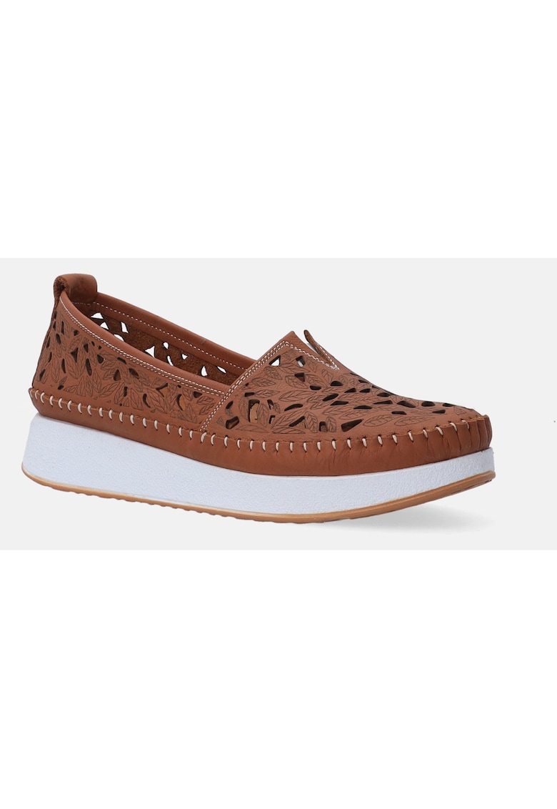 Mocasini din piele cu perforatii si talpa wedge