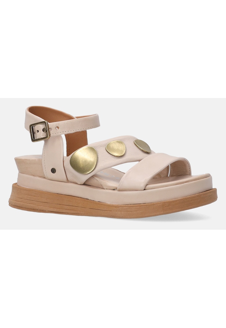Sandale din piele cu talpa wedge si aplicatii metalice decorative