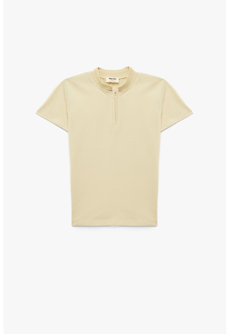 Tricou de bumbac cu fermoar scurt - Bej