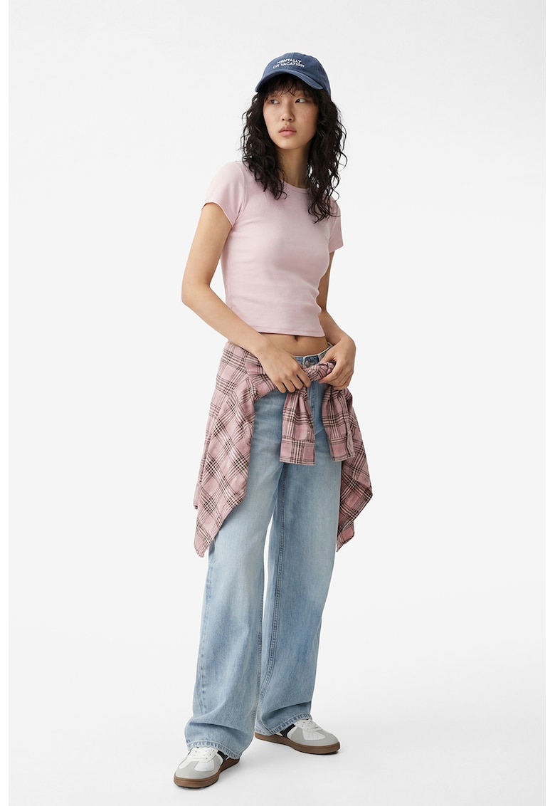 Tricou crop slim fit uni - Roz pastel