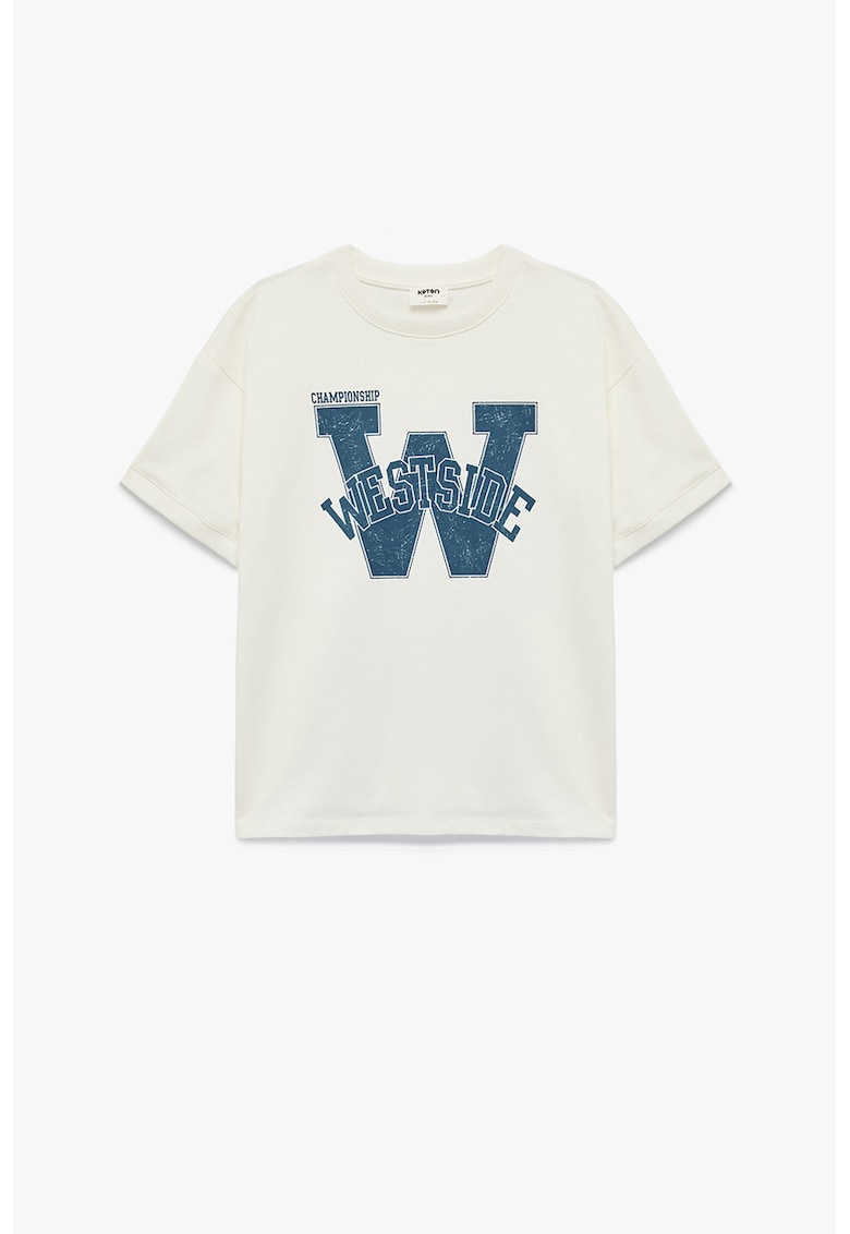 Tricou cu decolteu la baza gatului si imprimeu - Alb