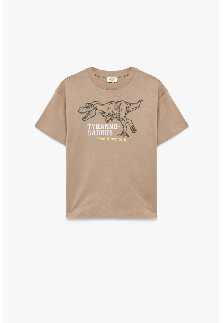 Tricou de bumbac cu imprimeu si maneci cazute - Bej