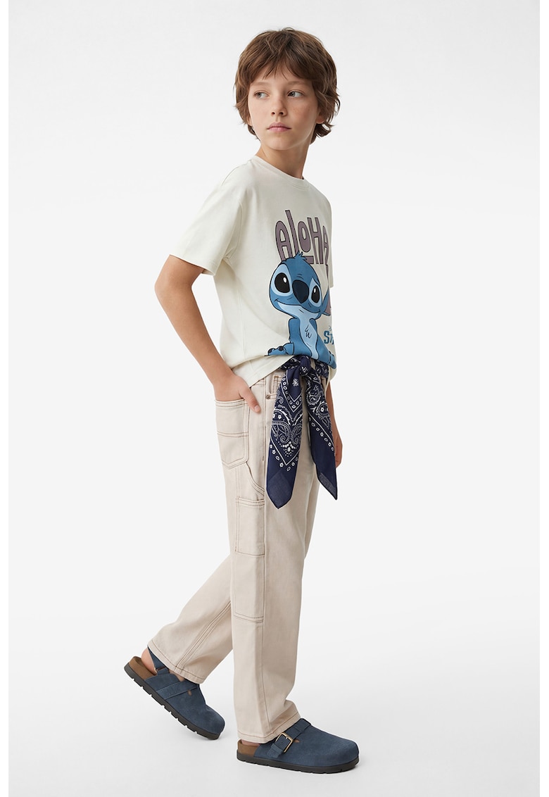 Tricou cu decolteu la baza gatului si imprimeu Stitch - Crem