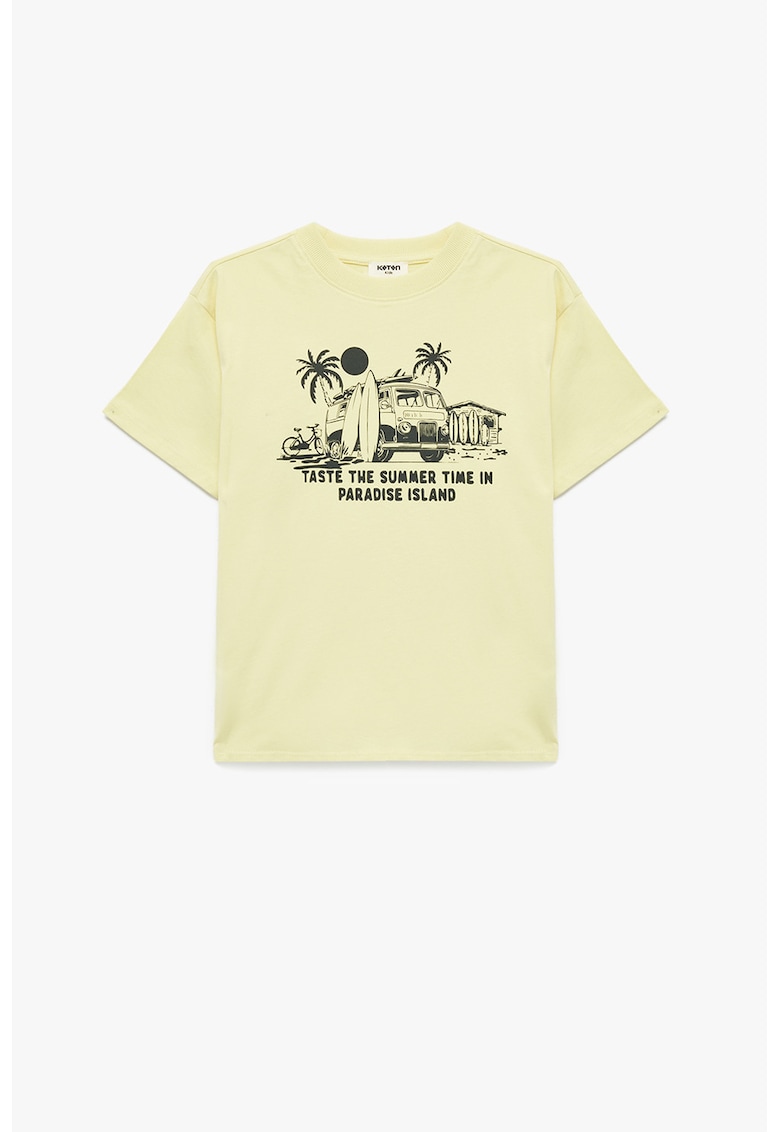 Tricou cu decolteu la baza gatului si imprimeu tropical - Galben pal