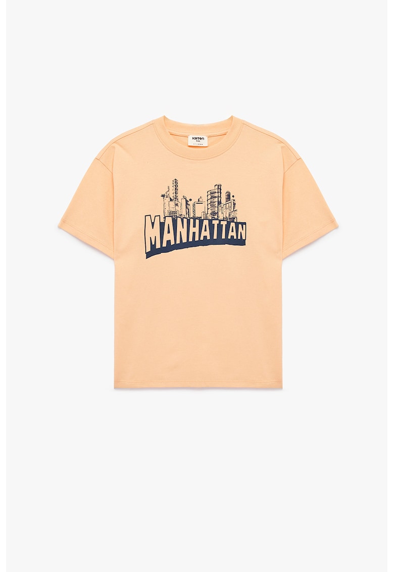 Tricou cu decolteu la baza gatului si imprimeu grafic - Portocaliu pal