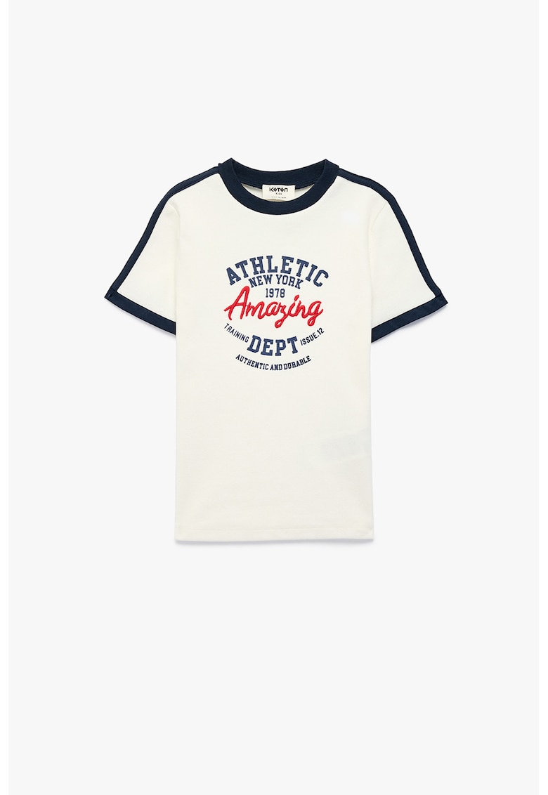 Tricou cu decolteu la baza gatului si imprimeu text - Alb