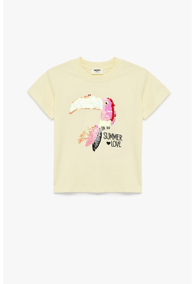 Tricou de bumbac cu model toucan cu paiete - Galben pal