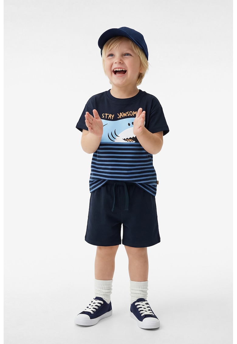 Set de tricou de bumbac cu imprimeu si pantaloni scurit - 2 piese - Bleumarin