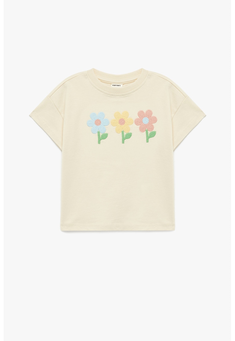 Tricou cu decolteu la baza gatului si imprimeu floral brodat - Crem