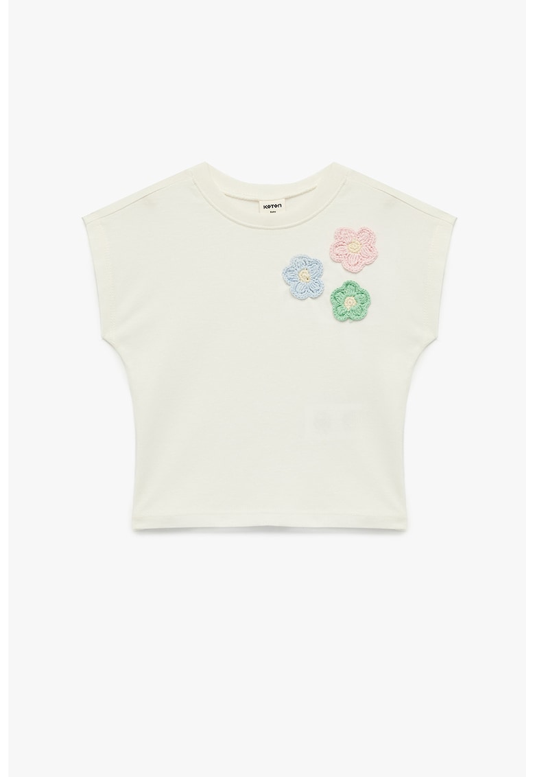 Tricou de bumbac cu aplicatii florale - Alb