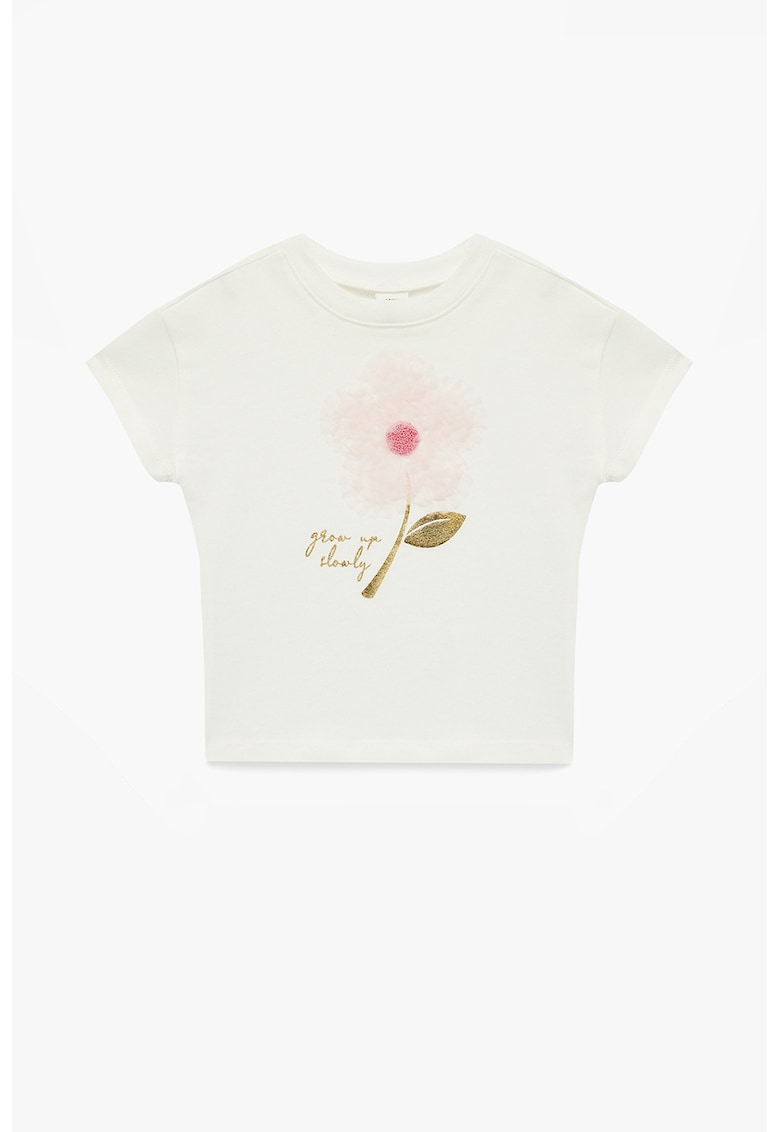 Tricou de bumbac cu aplicatie florala - Alb