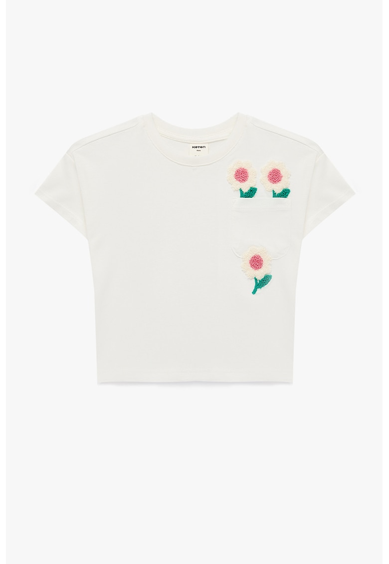 Tricou de bumbac cu buzunar pe piept si aplicatii florale - Alb