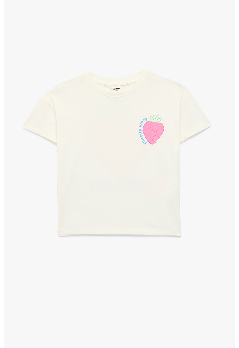 Tricou cu decolteu la baza gatului si imprimeu text si grafic - Alb