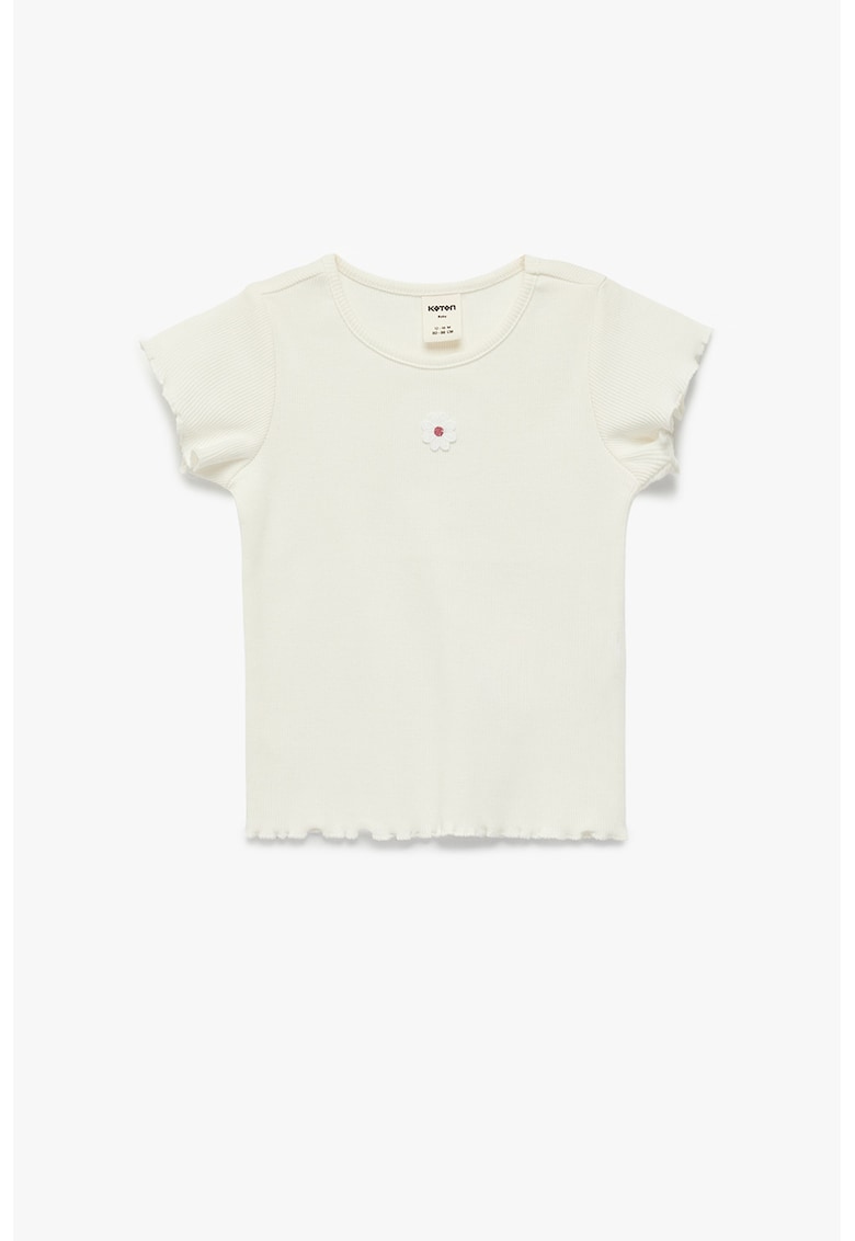 Tricou striat din amestec de bumbac cu aplicatie florala - Crem