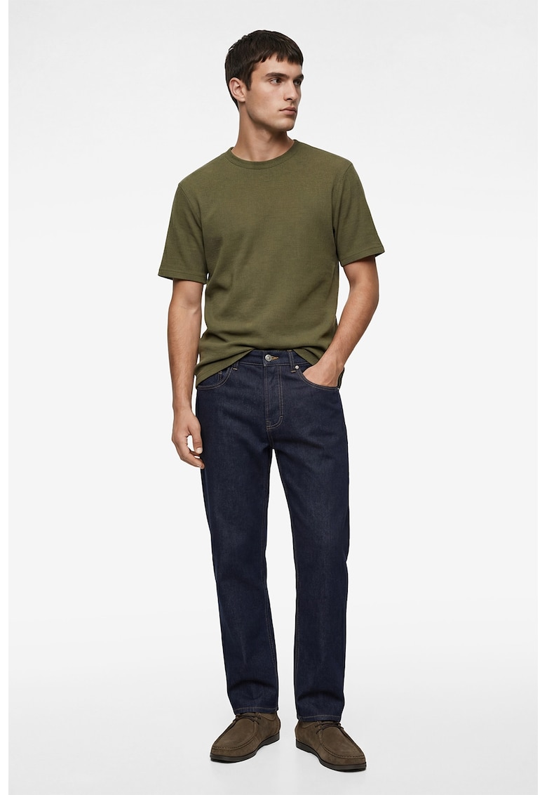 Tricou texturat cu decolteu la baza gatului - Kaki
