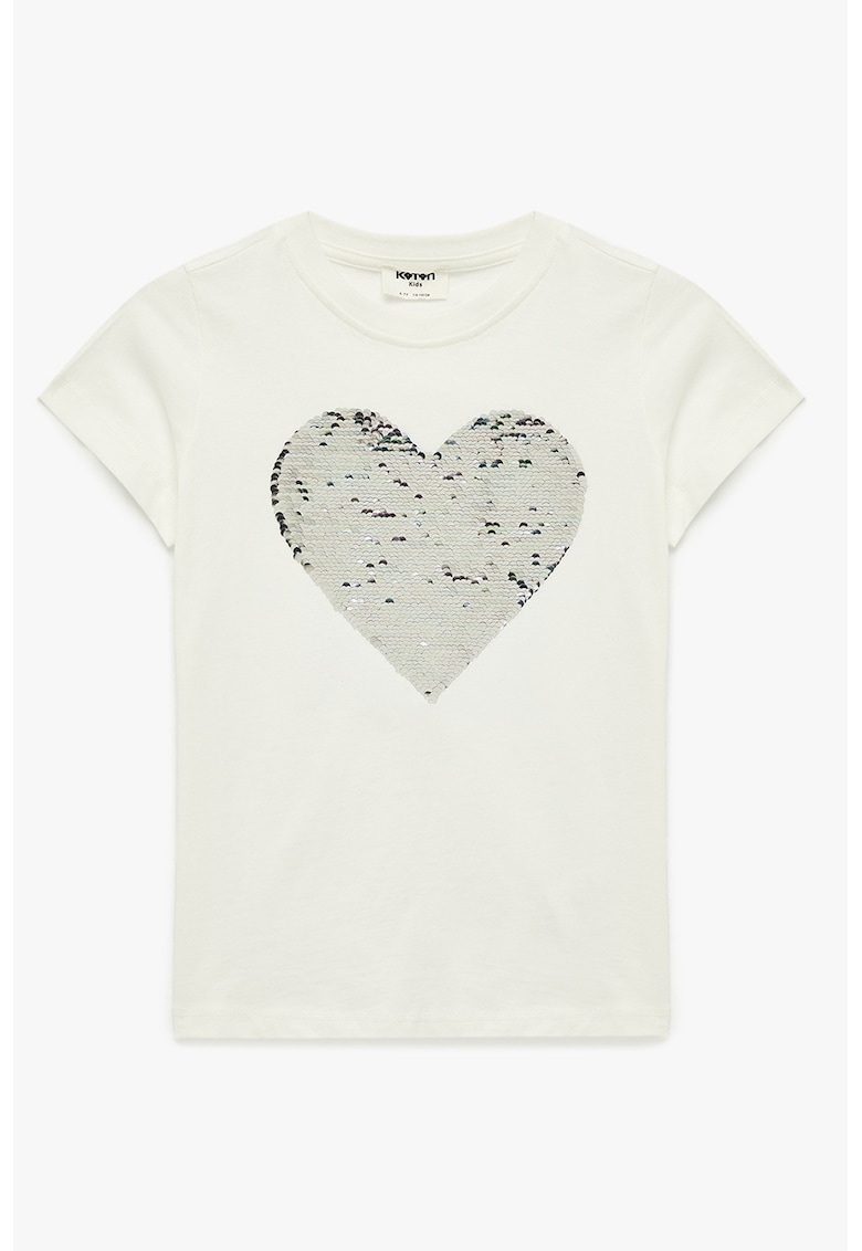 Tricou de bumbac cu aplicatii din paiete in forma de inima - Alb