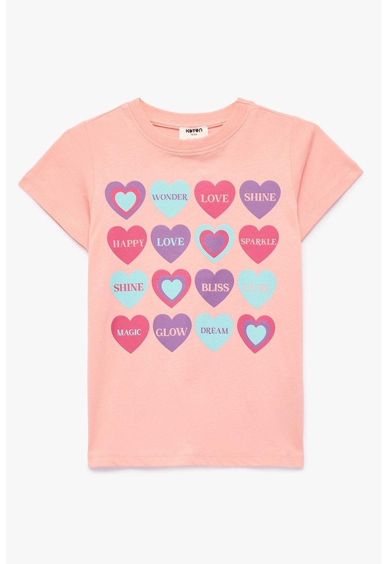 Tricou de bumbac cu imprimeu cu inimi - Roz pastel