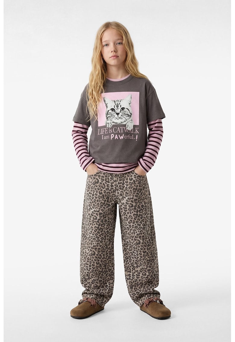 Tricou de bumbac cu imprimeu pisica - Gri carbune