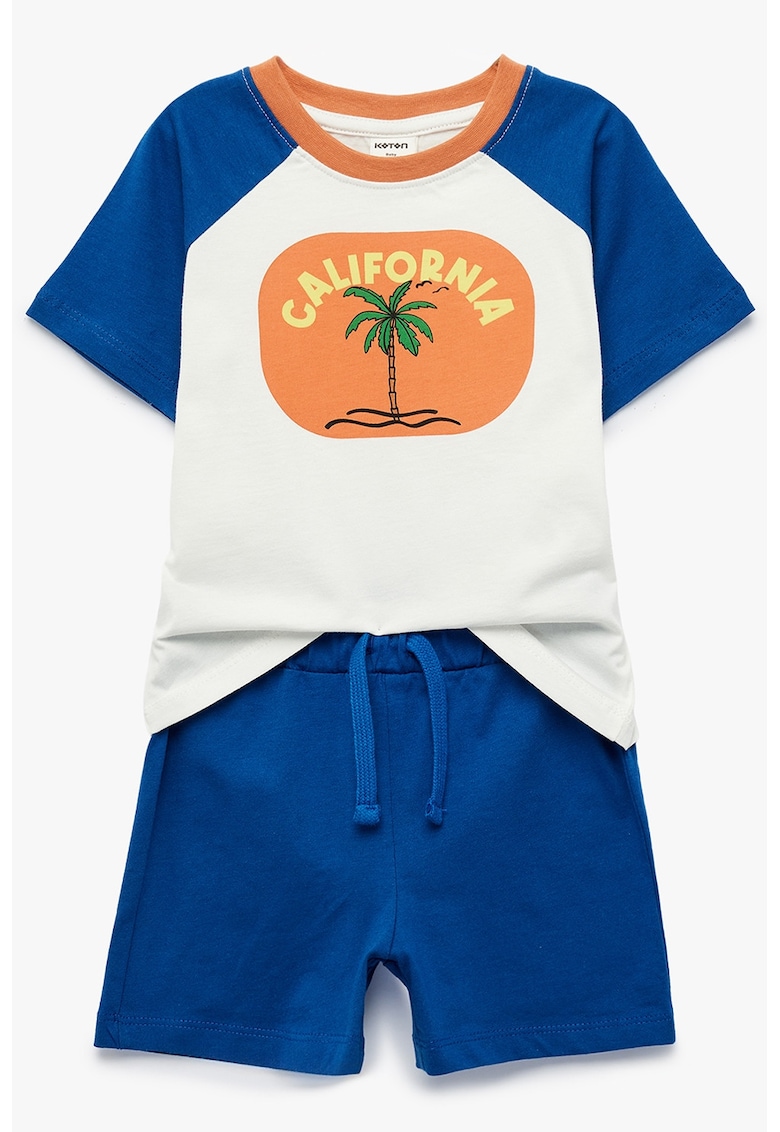Set de tricou din bumbac cu imprimeu si pantaloni scurti cu snur - Alb/Albastru royal