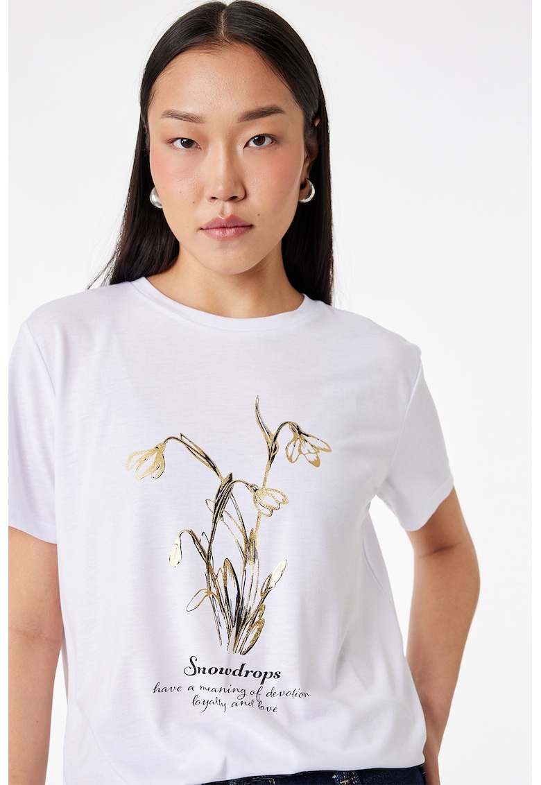 Tricou cu imprimeu floral si text - Alb