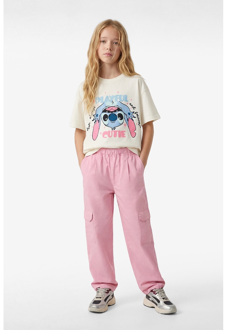 Tricou lejer de bumbac cu imprimeu Stitch - Alb/Albastru deschis